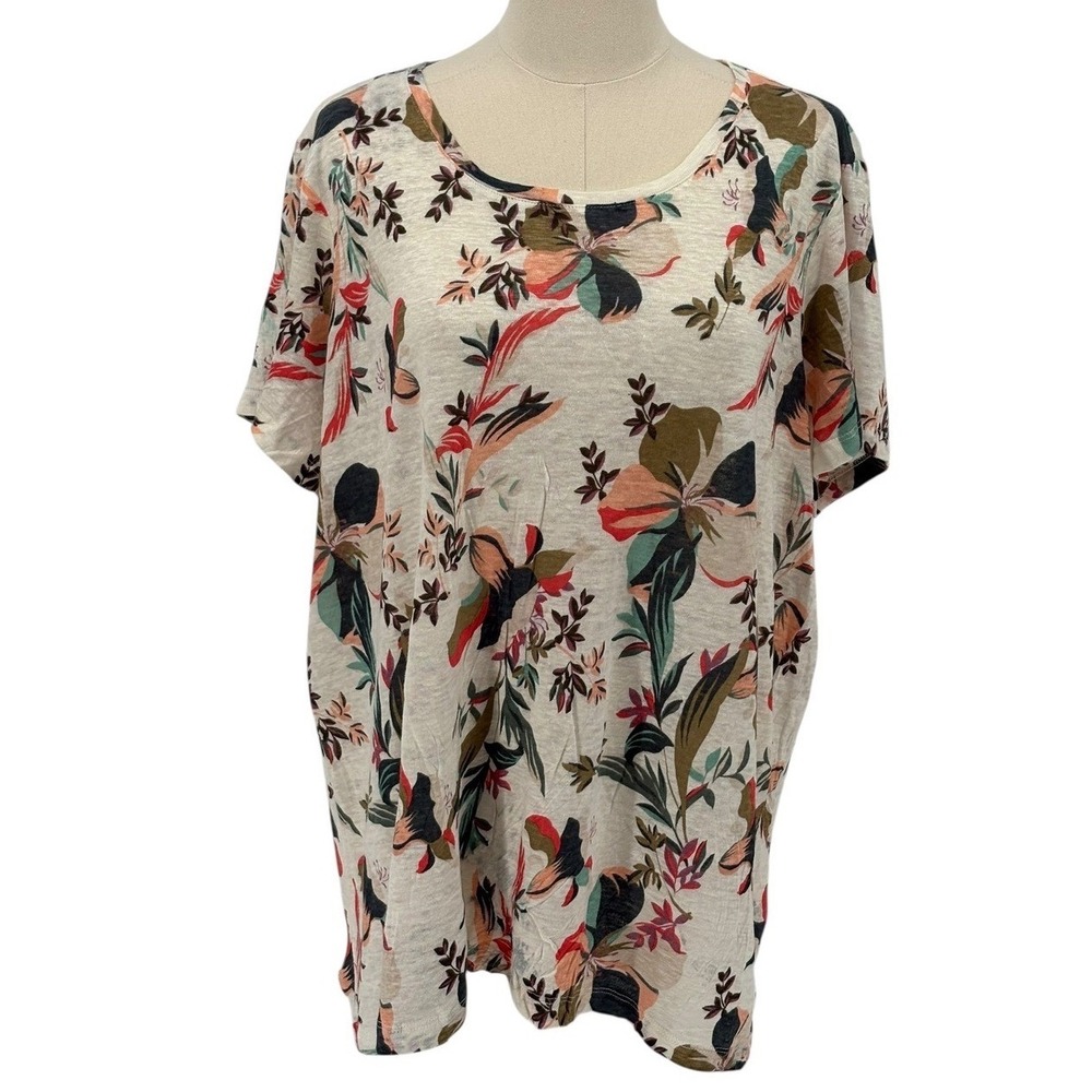 Rachel Zoe 100% Linen‎ Cream Short Sleeve Blouse w/ Floral Pattern (Size 1X)